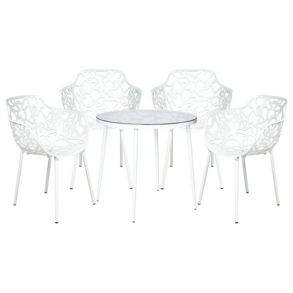 Leisuremod Devon 5-Piece Aluminum Patio Dining Set, Tempered Glass Top Table & 4 Stackable Arm Chairs, White - DT31CAW4