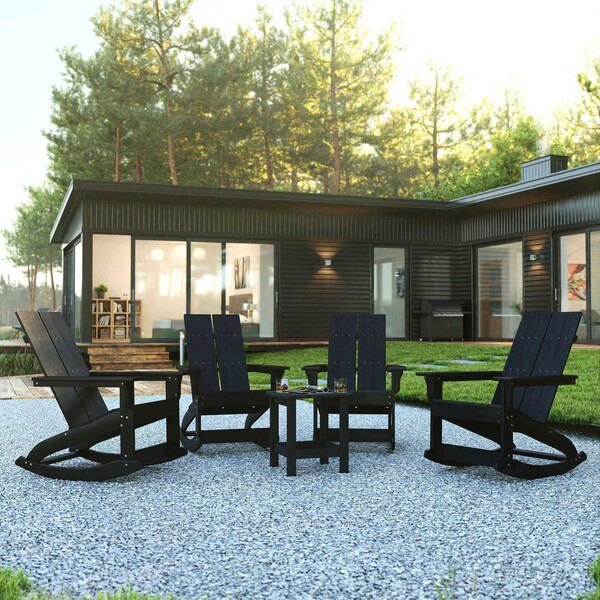 Flash Furniture 4 Modern Black Adirondack Rockers & Side Table - JJ-C14709-4-T14001-BK-GG