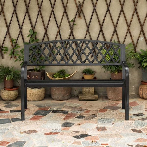 Gardenised Gardenised Black Outdoor Garden Patio Steel Park Bench Lawn Decor with Cast Iron Back Seating bench, with Backrest and Armrest for Yard, Patio, Garden, Balcony, and Deck - QI004258