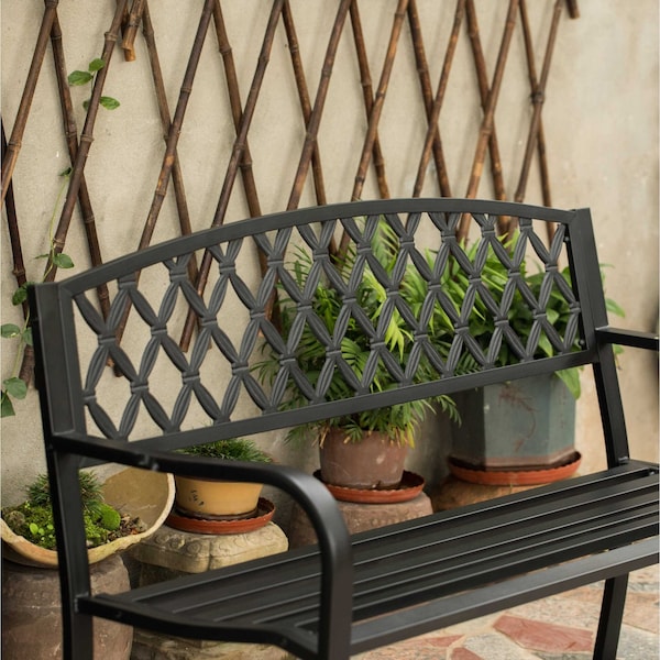 Gardenised Gardenised Black Outdoor Garden Patio Steel Park Bench Lawn Decor with Cast Iron Back Seating bench, with Backrest and Armrest for Yard, Patio, Garden, Balcony, and Deck - QI004258