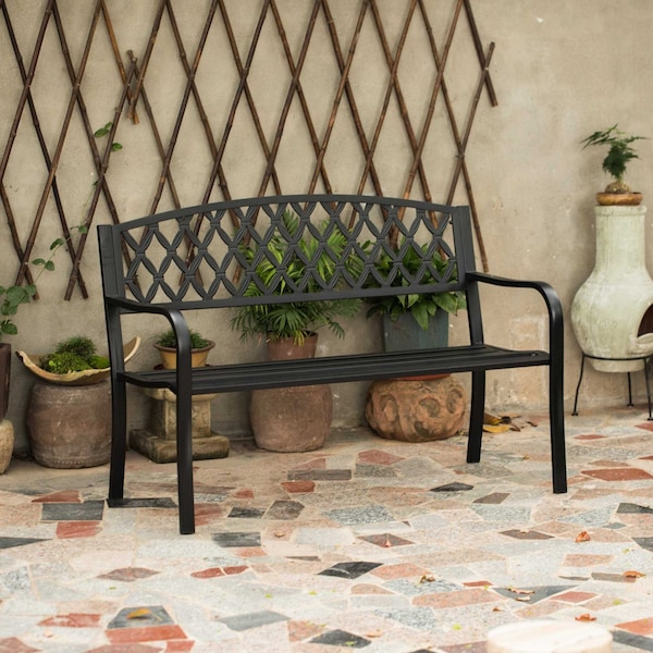 Gardenised Gardenised Black Outdoor Garden Patio Steel Park Bench Lawn Decor with Cast Iron Back Seating bench, with Backrest and Armrest for Yard, Patio, Garden, Balcony, and Deck - QI004258