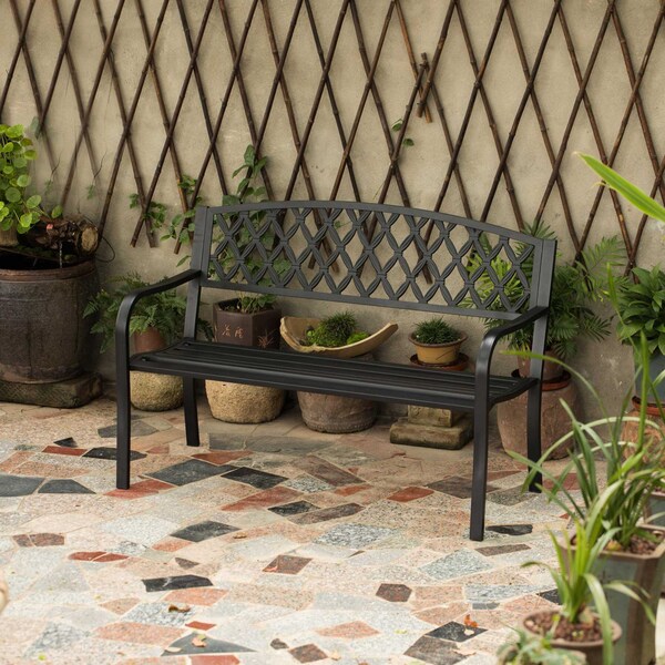 Gardenised Gardenised Black Outdoor Garden Patio Steel Park Bench Lawn Decor with Cast Iron Back Seating bench, with Backrest and Armrest for Yard, Patio, Garden, Balcony, and Deck - QI004258