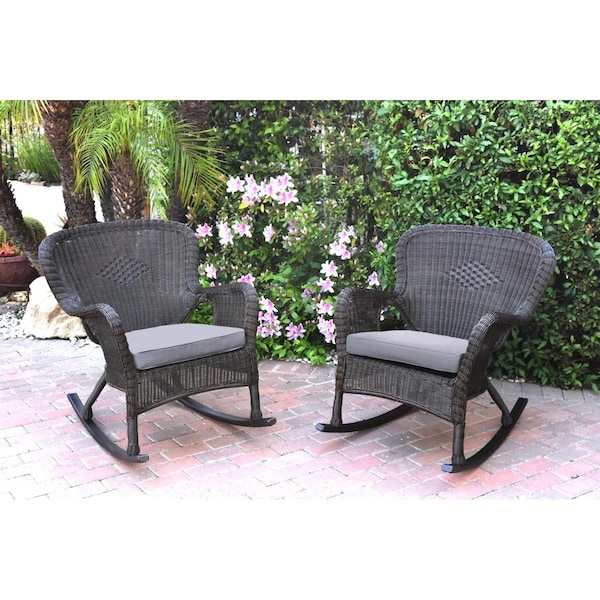 Jeco W00215-R-2-FS033 Windsor Espresso Resin Wicker Rocker Chair with Steel Blue Cushions, 2PK - W00215-R_2-FS033
