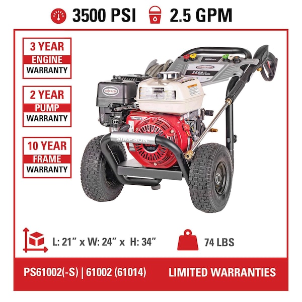 Fna Group Simpson PowerShot Gas Pressure Washer W/ Honda GX200 Engine, 3500 PSI, 2.5 GPM, 5/16" Hose - 61014