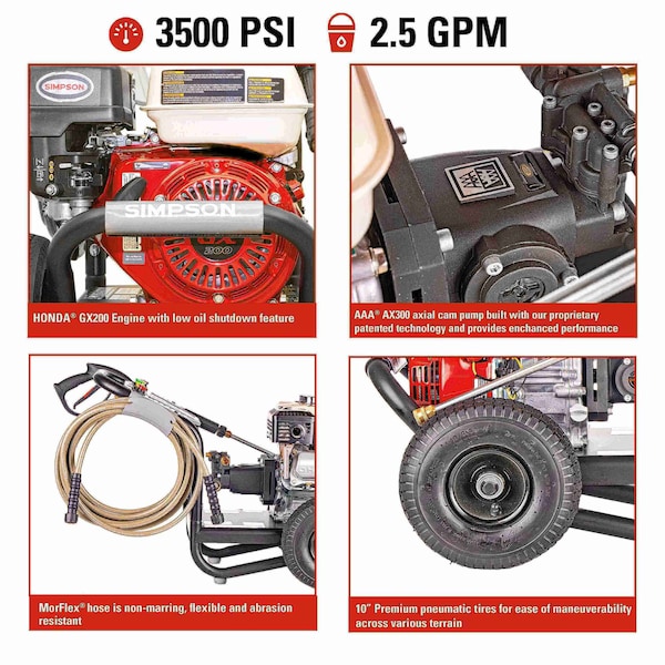 Fna Group Simpson PowerShot Gas Pressure Washer W/ Honda GX200 Engine, 3500 PSI, 2.5 GPM, 5/16" Hose - 61014