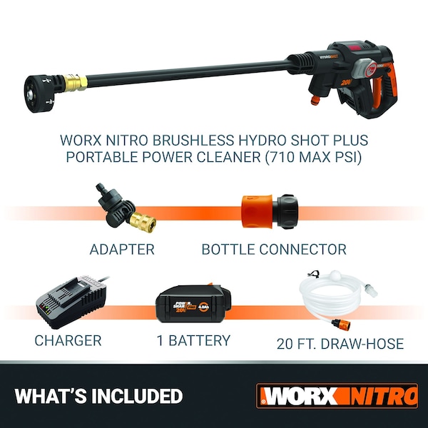 Worx Nitro 20V Brushless Hydroshot Plus Portable Power Cleaner, 710 MAX PSI, Battery and Charger Included - WG633