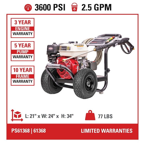 Simpson 3600 PSI 2.5 GPM HONDA GX200 w/ AAA Triplex Pump Cold Water PROGrade gas pressure Washer, 49 State - 61368S