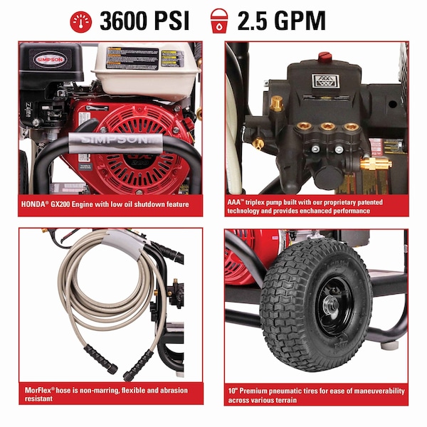 Simpson 3600 PSI 2.5 GPM HONDA GX200 w/ AAA Triplex Pump Cold Water PROGrade gas pressure Washer, 49 State - 61368S
