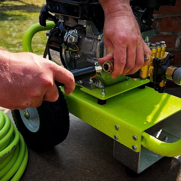 Flexzilla Pressure Washer Hose, 3/8in x 100ft, 4200PSI, Integrated Quick Connect Fittings, ZillaGreen - HFZPW426100Q-E