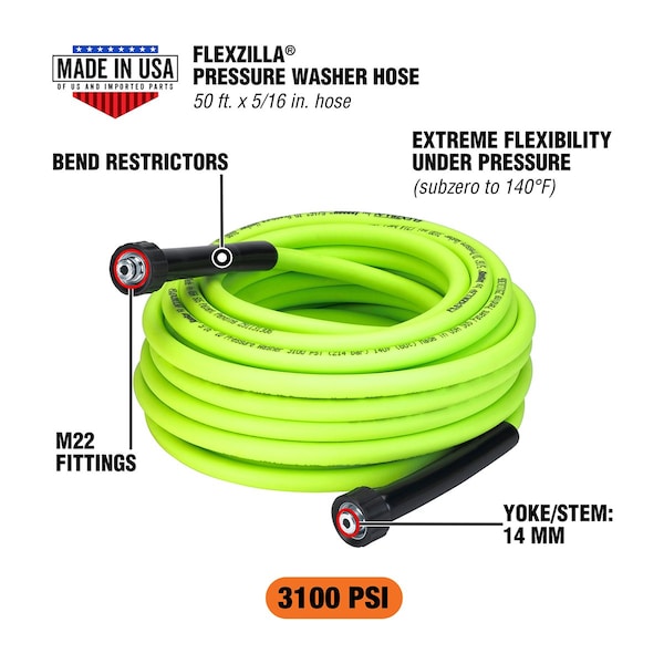 Flexzilla Pressure Washer Hose, 5/16in x 50ft, 3100 PSI, M22 Fittings, ZillaGreen - HFZPW3550M-E