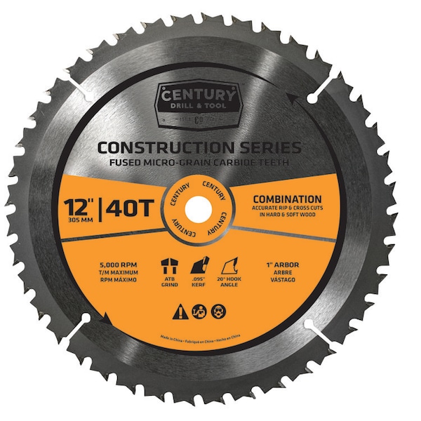 Century Drill & Tool Circular Saw Blade General Construction Grade Mitre 12" 40T 1" Arbor - 10240