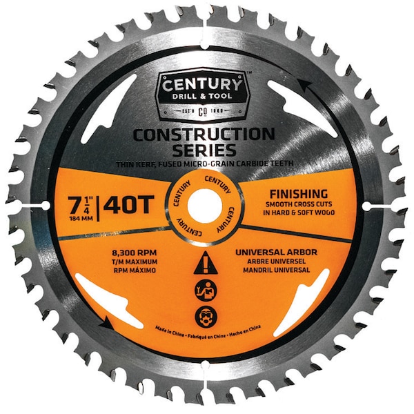 Century Drill & Tool Circular Sawblade General Const Grade 7-1/4 40T Univ Arbor Finish - 13106