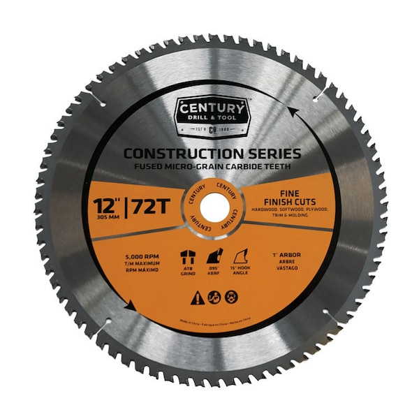 Century Drill & Tool Circular Saw Blade General Construction Grade Mitre 12" 72T 1" Arbor - 10242