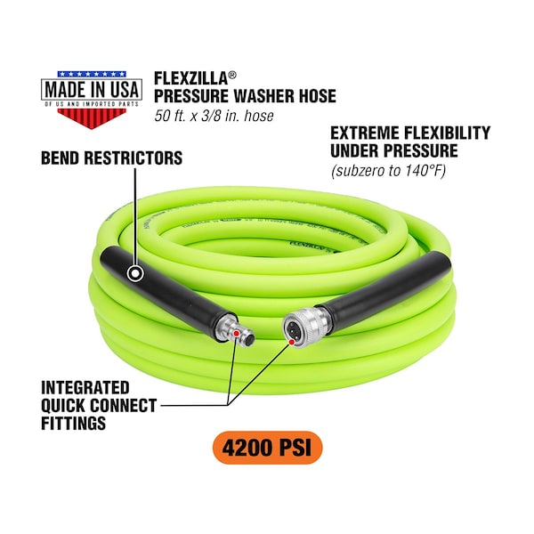 Flexzilla FZ Pressure Washer Hose 3/8in 50ft IQC - HFZPW426050Q-E