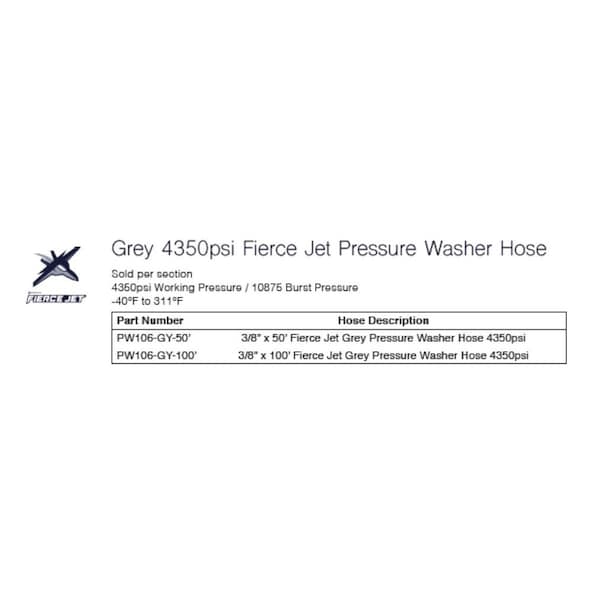Fierce Jet 3/8" Grey Smooth Cover 1-Wire 4350 PSI 100Ft Pressure Wash Hose Assembly - PWS106-GY-100