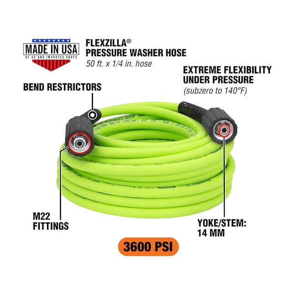 Flexzilla 1/4 in x 50 ft, 3600PSI, M22 Fittings - HFZPW36450M-E