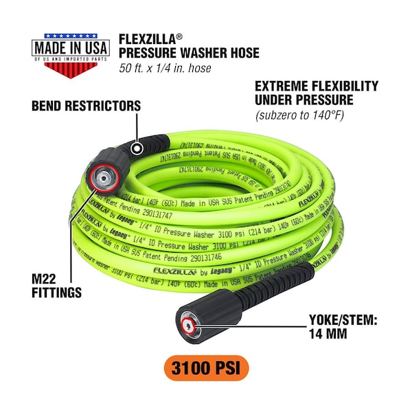 Flexzilla Pressure Washer Hose, 1/4in x 50ft, 3100 PSI, M22 Fittings, ZillaGreen - HFZPW3450M-E