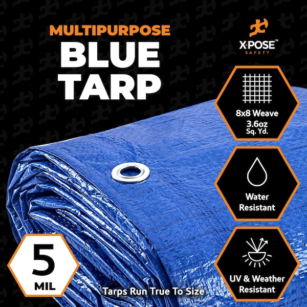 Xpose Safety 20 ft x 30 ft 5 mil Multi-Purpose Tarp, Blue, Polyethylene, Aluminum Grommets - BT-2030-A
