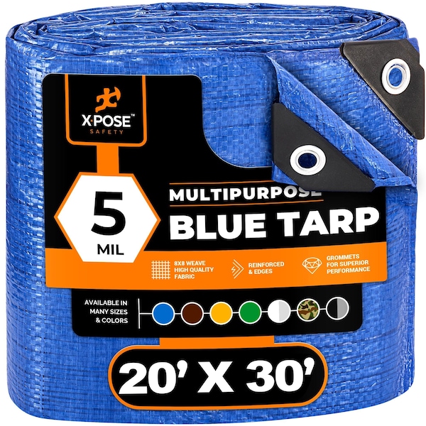 Xpose Safety 20 ft x 30 ft 5 mil Multi-Purpose Tarp, Blue, Polyethylene, Aluminum Grommets - BT-2030-A