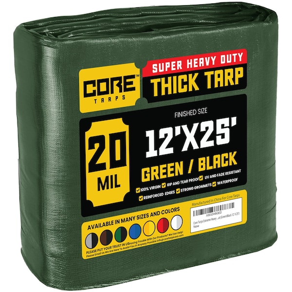 Core Tarps Heavy Duty Tarp, 25 ft L x 0.5 mm H x 12 ft W, 20 Mil, Green/Black, Polyethylene - CT-703-12X25