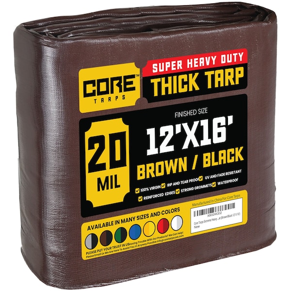 Core Tarps Heavy Duty Tarp, 16 ft L x 0.5 mm H x 12 ft W, 20 Mil, Brown/Black, Polyethylene - CT-702-12X16