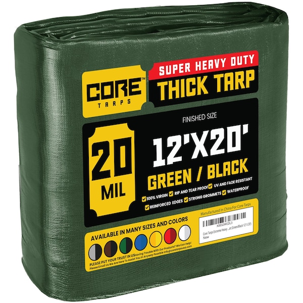 Core Tarps Heavy Duty Tarp, 20 ft L x 0.5 mm H x 12 ft W, 20 Mil, Green/Black, Polyethylene - CT-703-12X20