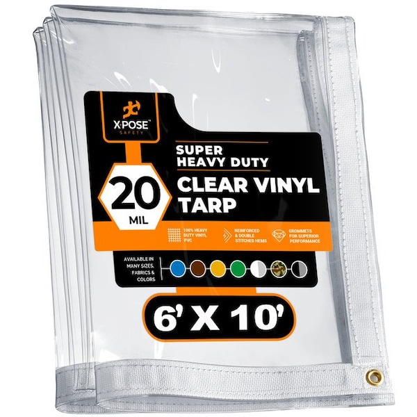Xpose Safety Heavy Duty Tarp, 6 ft x 10 ft, 20 Mil, Clear, Vinyl - CVT20-610-X