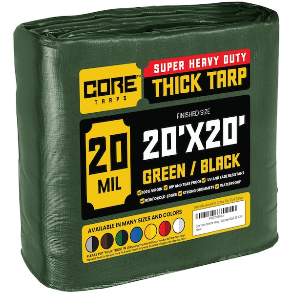 Core Tarps Heavy Duty Tarp, 20 ft L x 0.5 mm H x 20 ft W, 20 Mil, Green/Black, Polyethylene - CT-703-20X20