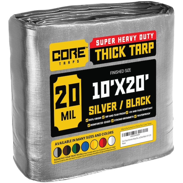 Core Tarps Heavy Duty Tarp, 20 ft L x 0.5 mm H x 10 ft W, 20 Mil, Silver/Black, Polyethylene - CT-701-10X20