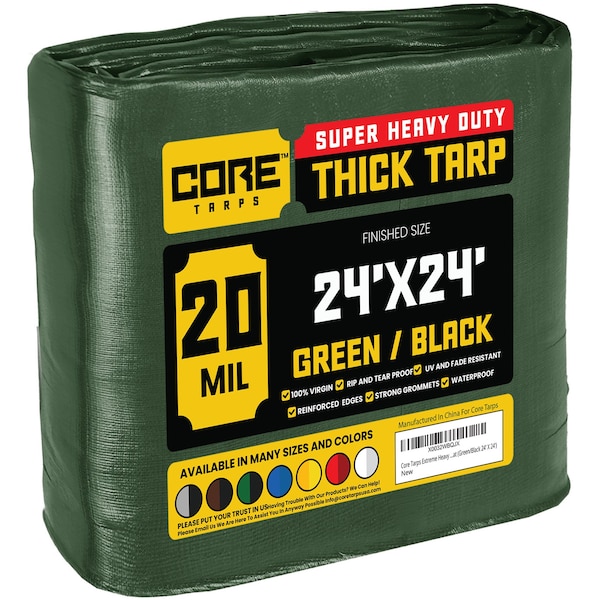 Core Tarps Heavy Duty Tarp, 24 ft L x 0.5 mm H x 24 ft W, 20 Mil, Green/Black, Polyethylene - CT-703-24X24