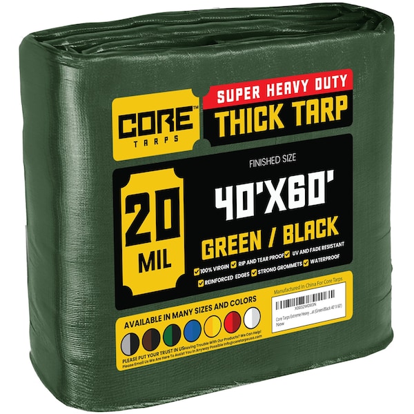 Core Tarps Heavy Duty Tarp, 60 ft L x 0.5 mm H x 40 ft W, 20 Mil, Green/Black, Polyethylene - CT-703-40X60