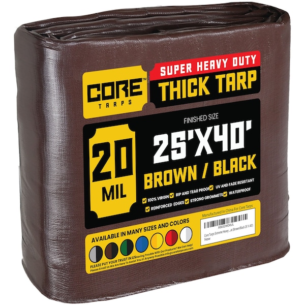 Core Tarps Heavy Duty Tarp, 40 ft L x 0.5 mm H x 25 ft W, 20 Mil, Brown/Black, Polyethylene - CT-702-25X40