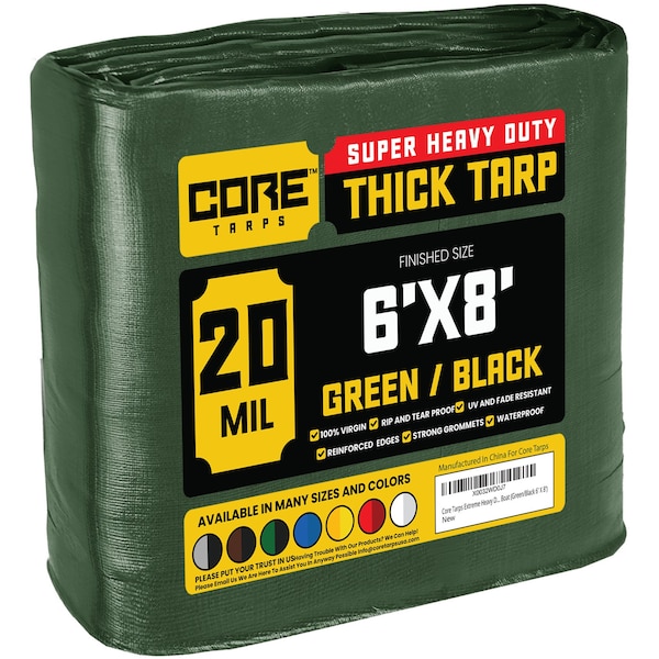 Core Tarps Heavy Duty Tarp, 8 ft L x 0.5 mm H x 6 ft W, 20 Mil, Green/Black, Polyethylene - CT-703-6X8