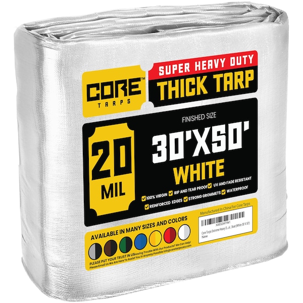 Core Tarps Heavy Duty Tarp, 50 ft L x 0.5 mm H x 30 ft W, 20 Mil, White, Polyethylene - CT-704-30X50