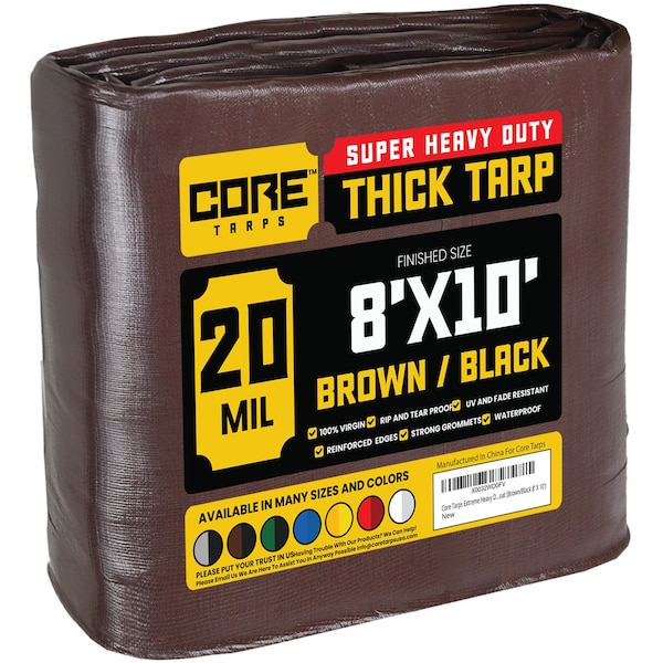 Core Tarps Heavy Duty Tarp, 10 ft L x 0.5 mm H x 8 ft W, 20 Mil, Brown/Black, Polyethylene - CT-702-8X10