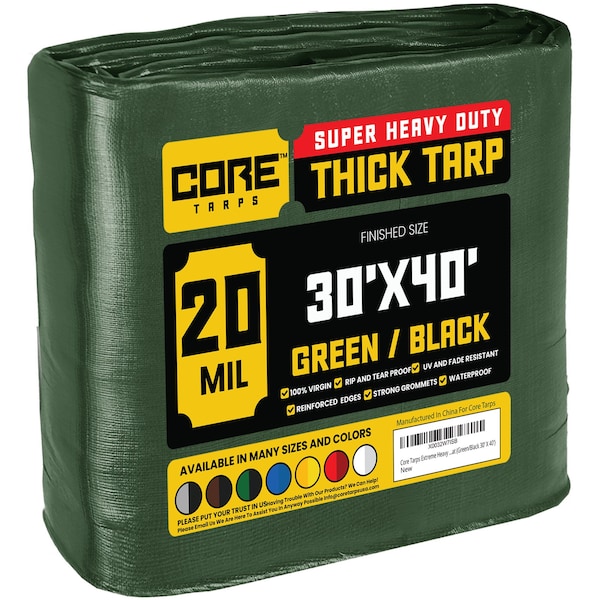 Core Tarps Heavy Duty Tarp, 40 ft L x 0.5 mm H x 30 ft W, 20 Mil, Green/Black, Polyethylene - CT-703-30X40
