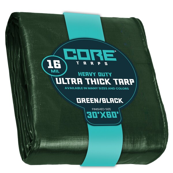 Core Tarps Heavy Duty Tarp, 60 ft L x 0.5 mm H x 30 ft W, 16 Mil, Green/Black, Polyethylene - CT-303-30X60
