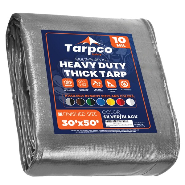 Tarpco Safety Heavy Duty Tarp, 50 ft L x 0.5 mm H x 30 ft W, 10 Mil, Silver/Black, Polyethylene - TS-151-30X50