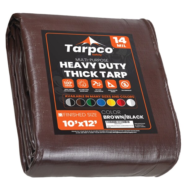 Tarpco Safety Heavy Duty Tarp, 12 ft L x 0.5 mm H x 10 ft W, 14 Mil, Brown/Black, Polyethylene - TS-102-10X12