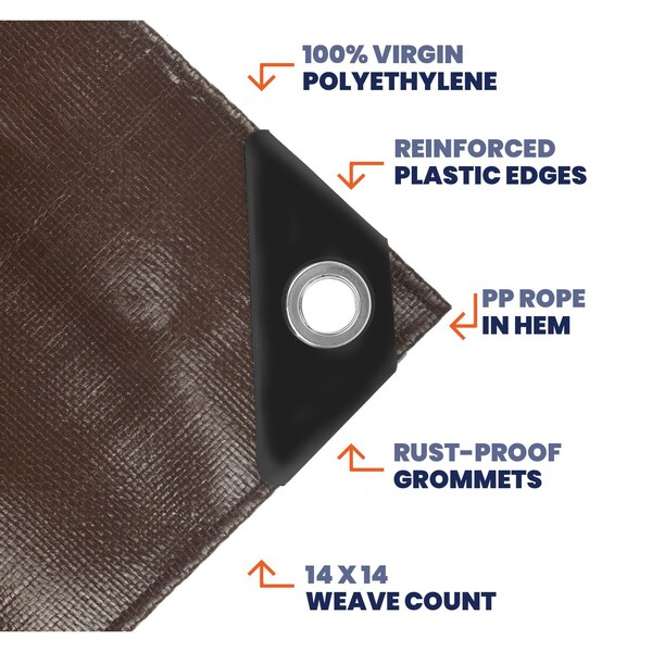 Tarpco Safety Heavy Duty Tarp, 12 ft L x 0.5 mm H x 10 ft W, 14 Mil, Brown/Black, Polyethylene - TS-102-10X12