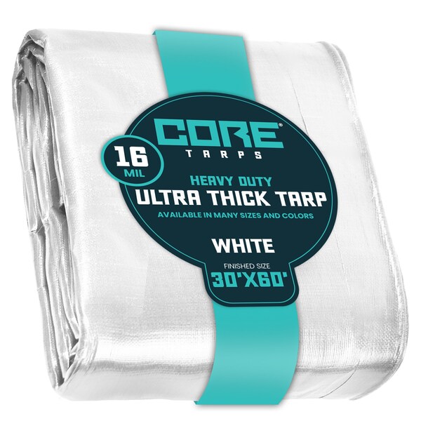 Core Tarps Heavy Duty Tarp, 60 ft L x 0.5 mm H x 30 ft W, 16 Mil, White, Polyethylene - CT-304-30X60