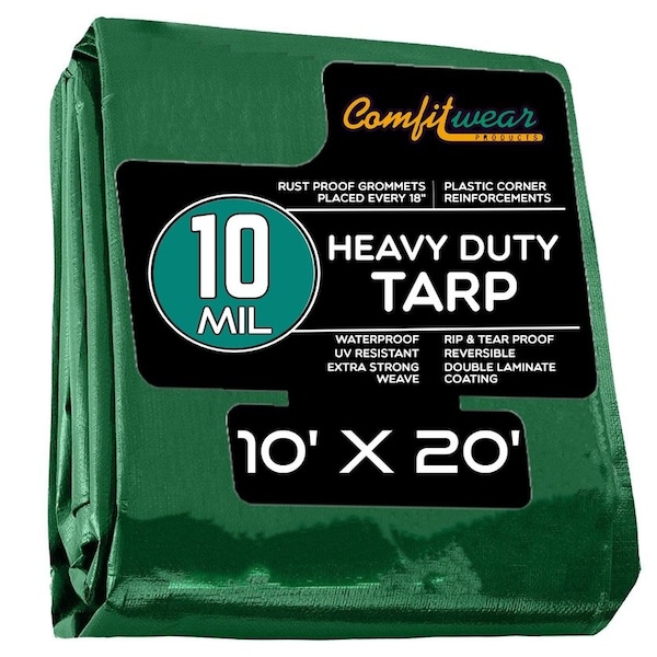 Comfitwear 10 MIL Heavy Duty Multi-Purpose Tarp Cover Rust Proof Waterproof Reinforced Edges Green/Black - MTGB-1020
