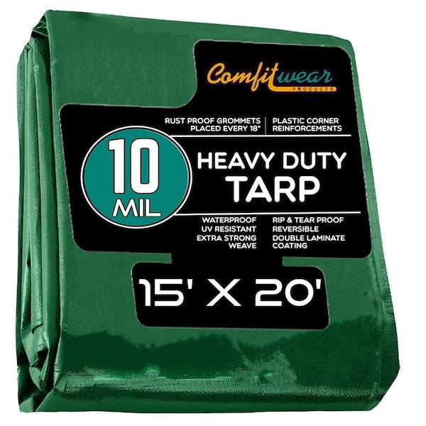 Comfitwear 10 MIL Heavy Duty Multi-Purpose Tarp Cover Rust Proof Waterproof Reinforced Edges Green/Black - MTGB-1520