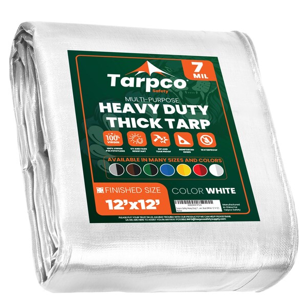 Tarpco Safety Heavy Duty Tarp, 12 ft L x 0.5 mm H x 12 ft W, 7 Mil, White, Polyethylene - TS-204-12X12