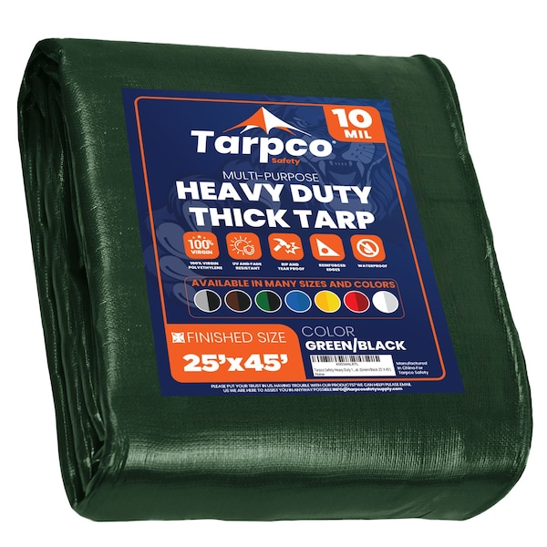 Tarpco Safety Heavy Duty Tarp, 45 ft x 0.5 mm H x 25 ft W, 10 Mil, Green/Black, Polyethylene - TS-153-25X45
