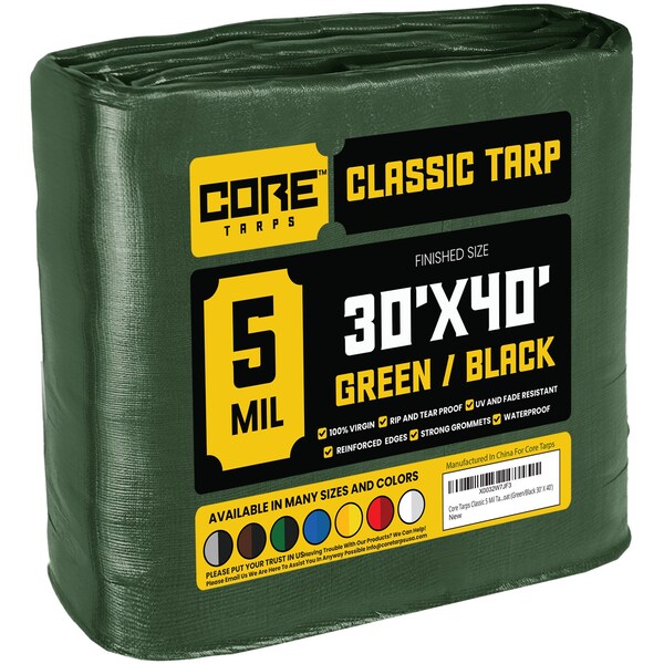 Core Tarps Tarp, 40 ft L x 0.5 mm H x 30 ft W, 5 Mil, Green/Black, Polyethylene - CT-503-30X40