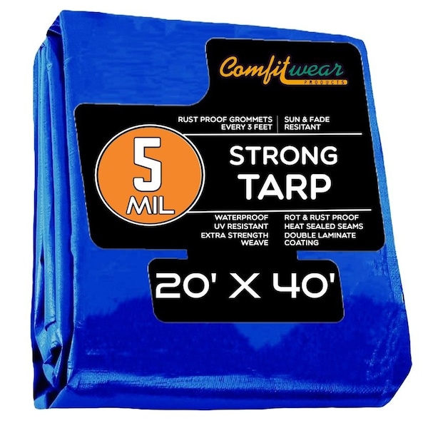 Comfitwear 5 MIL Standard Strong Multi-Purpose Tarp Cover Rust Proof Waterproof Reinforced Edges, Blue - MT-2040