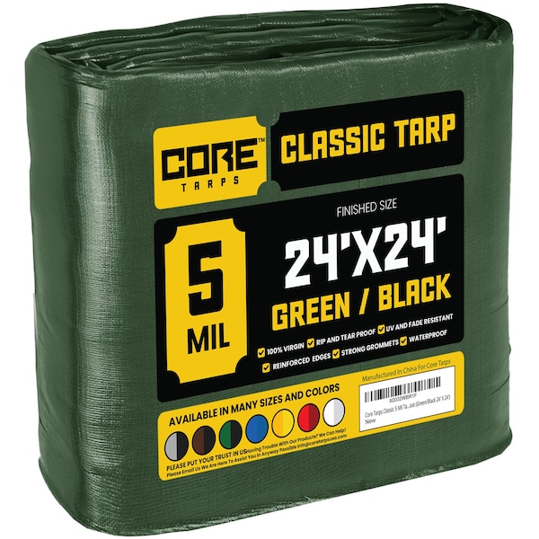 Core Tarps Tarp, 24 ft L x 0.5 mm H x 24 ft W, 5 Mil, Green/Black, Polyethylene - CT-503-24X24