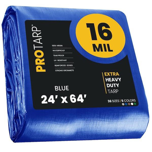 Protarp Heavy Duty Tarp, 24 ft x 64 ft, 16 Mil, Blue, Polyethylene, Waterproof, Rip and Tear Proof - PT-105-24X64