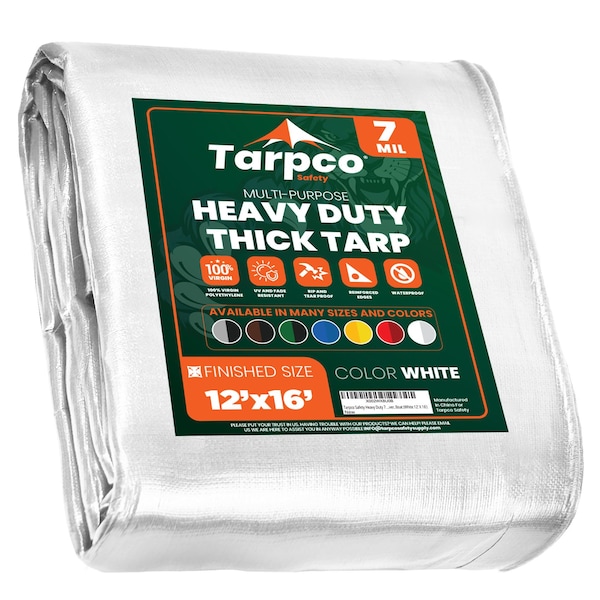 Tarpco Safety Heavy Duty Tarp, 16 ft L x 0.5 mm H x 12 ft W, 7 Mil, White, Polyethylene - TS-204-12X16